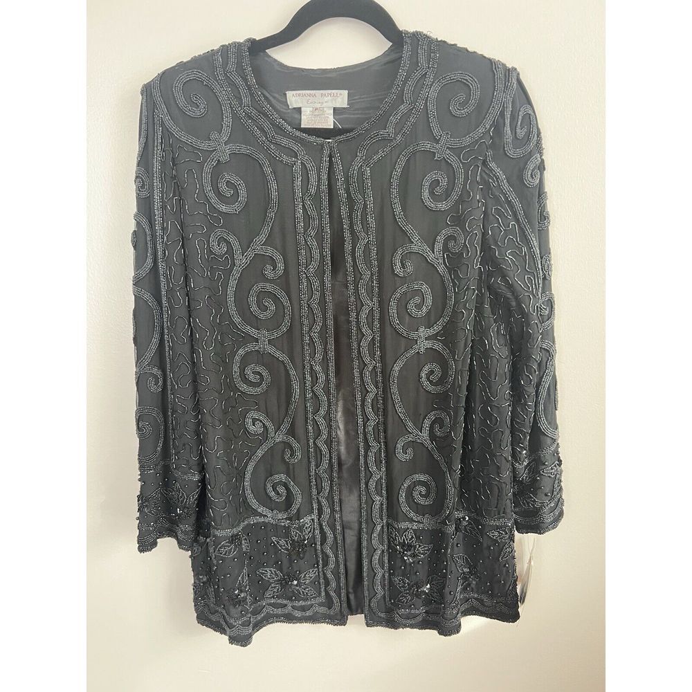 Papell Boutique Evening Black Silk Beaded Long Sleeve Jacket VTG 90's PL Large